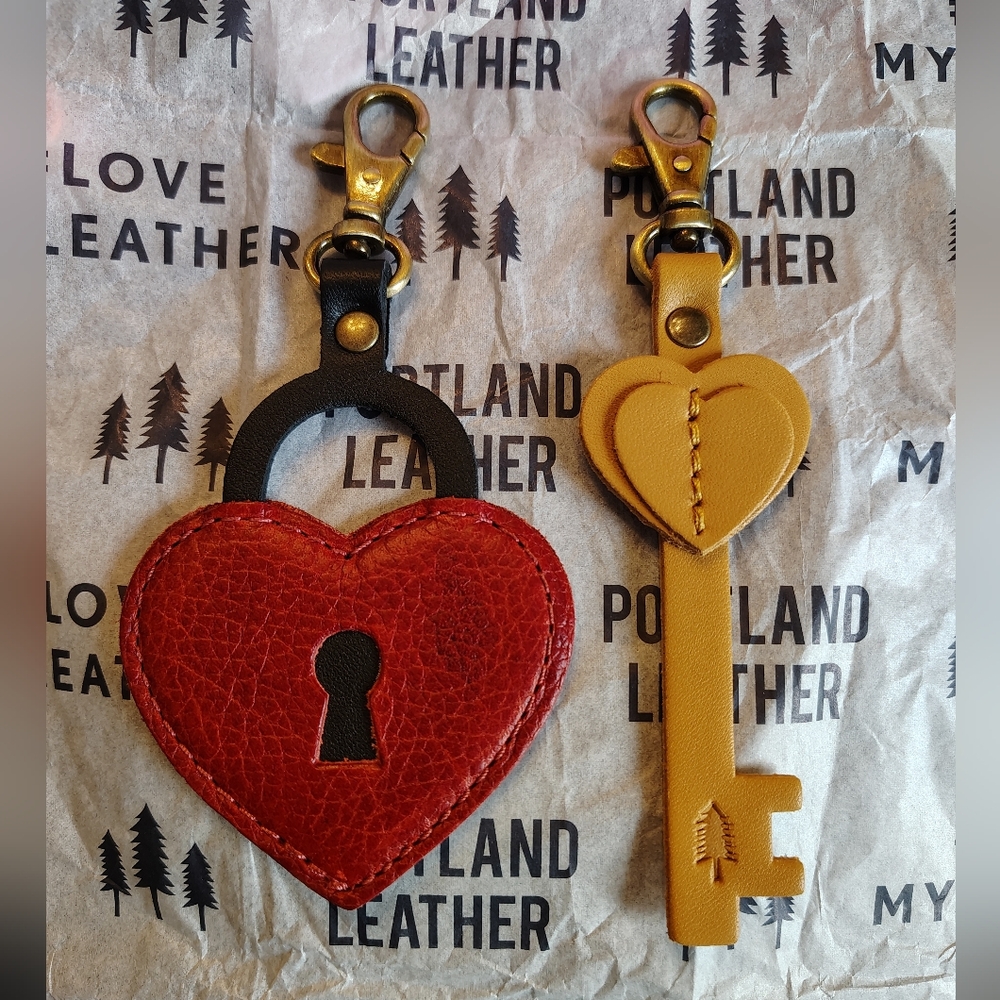 Portland Leather Chili Red Heart and Tan Keychain/ Charm/ Flair Set